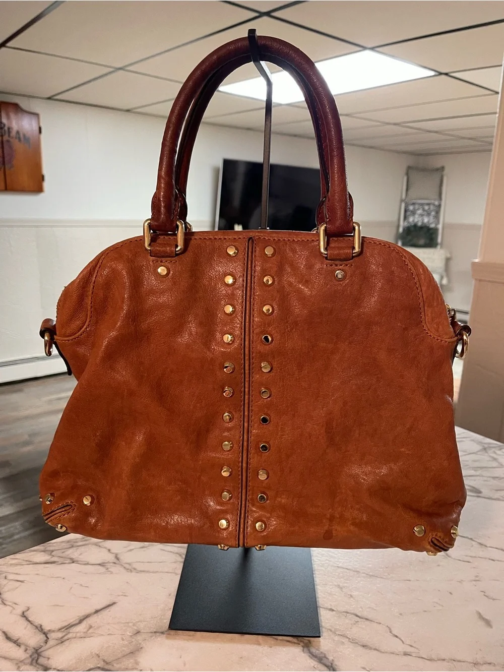 Michael Kors Cognac Leather Studded Shoulder Satchel